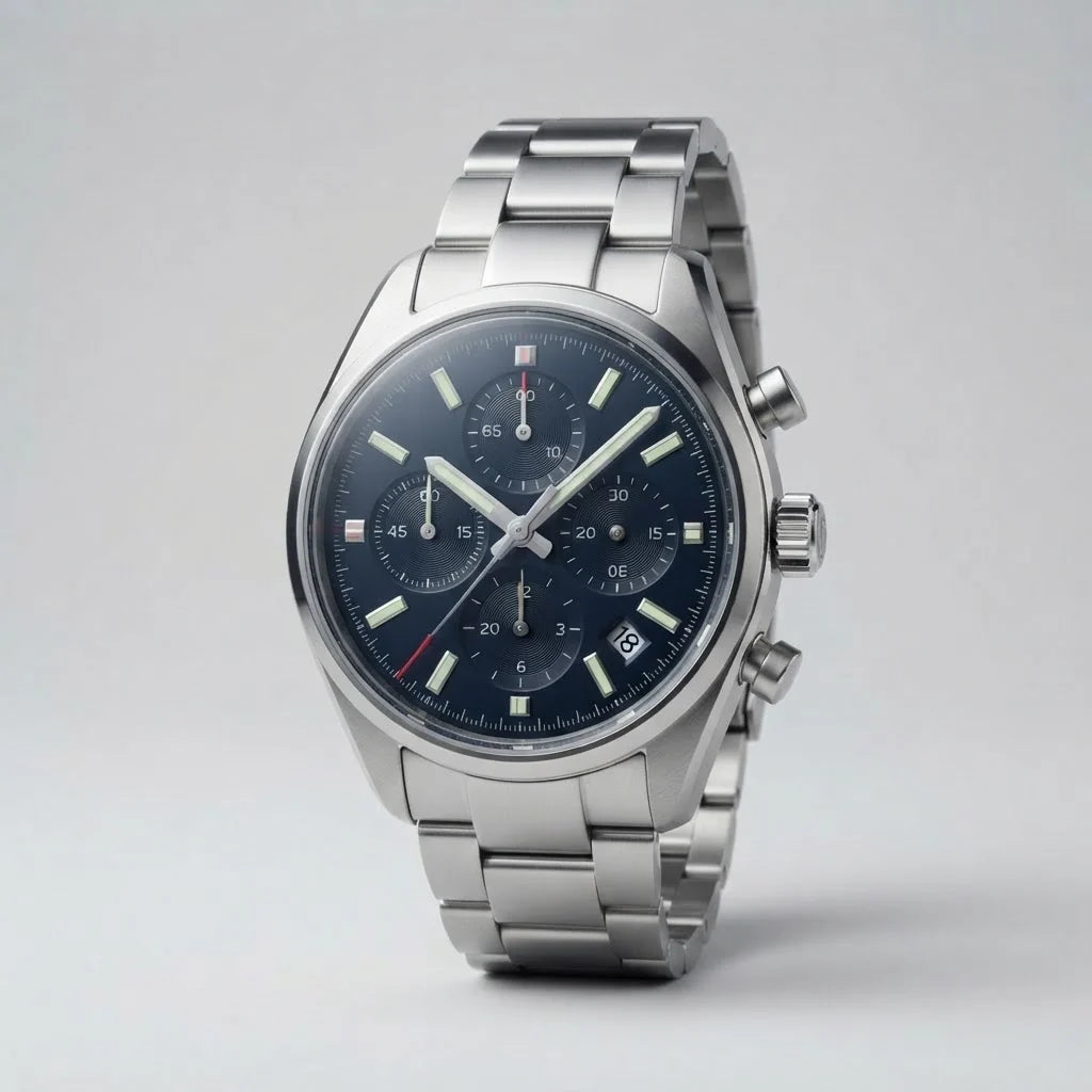 Chronograph watch — three-quarter dial view